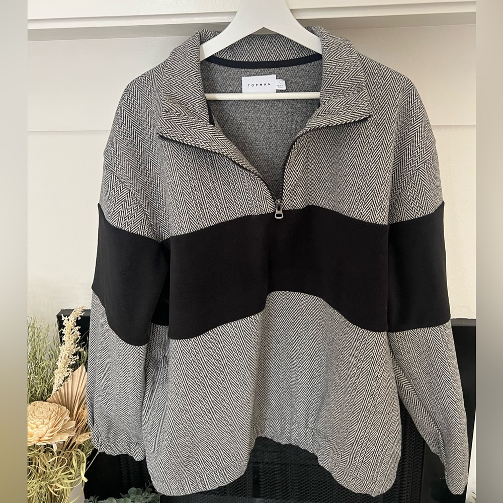 TOPMAN MENS 1/2 ZIP GREY & BLACK HERRINGBONE SWEATER